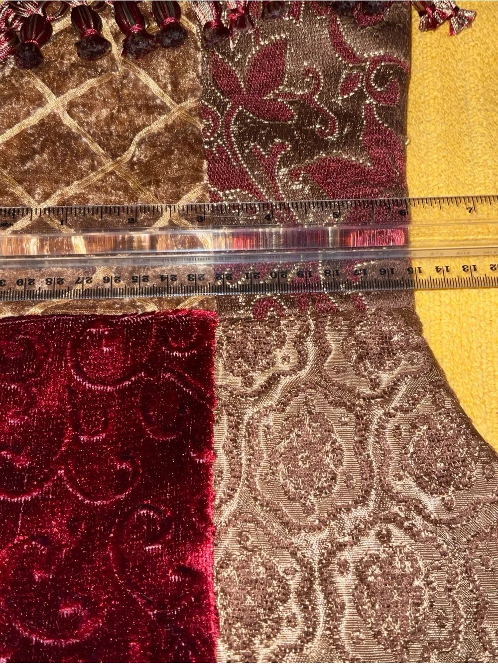 Christmas Stocking Patchwork Jacquard Velvet Cuff Tassel Burgundy Gold 20